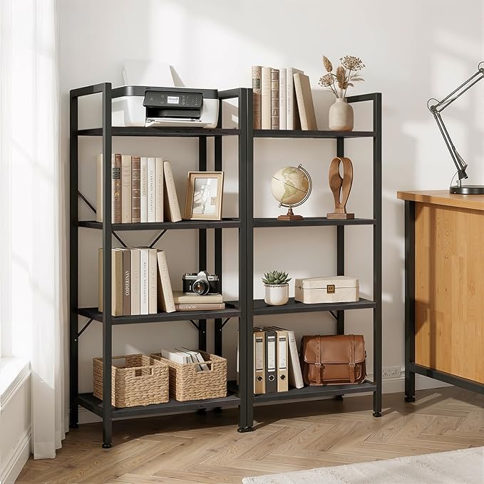 4 Tier Bookshelf, Free Standing Wooden Bookcase with Open Storage Shelves with Metal Frame, Sturdy Shelf Organization Display Rack for Living Room, Bedroom, Home Office, 39.4" Tall, Black