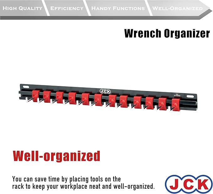 JCK Professional Quality Rack of Wrench Organizer Black Aluminum & Red Plastic Clips molding Integrated with Stainless Steel 304 Hooks Organize Wrenches Secure Clip Toolbox Combination Storage