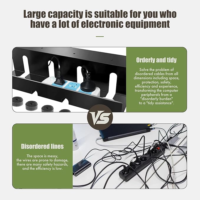Desktop Metal Cable Management Tray 40x10x11cm - Multipurpose, Movable, No-Assembly Organizer - Modern Minimalist for Office Desks (Black)