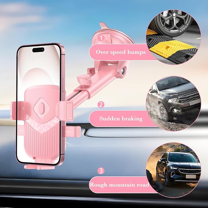 Car Phone Holder, 360° Adjustable Strongest Suction Vehicle Windshield Dashboard Air Vent Cell Phone Mounts, Hands Free Automotive Interior Smartphone Stand, Universal Fit (Pink)