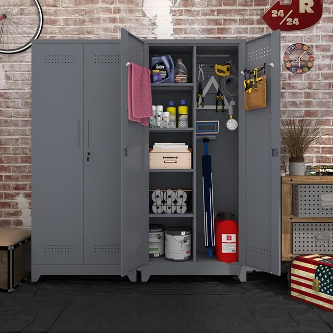 IRONFFICE Metal Utility Cabinet,Broom Closet Storage Cabinet with Hanging Rod,72" H Tall Storage Cabinets with 2 Doors and 4 Adjustable Shelves,Locking Storage Locker for Garage,Laundry Room,Grey