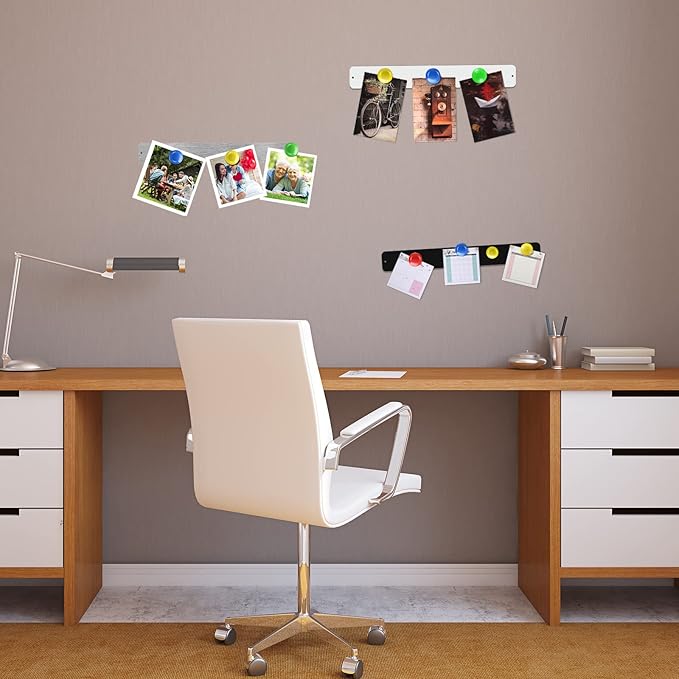 Outus 6 Pieces Frameless Magnetic Stainless Iron Board Strip 15 x 2 Inch Bulletin Bar Board Memo Strip Set with 48 Pieces Colorful Magnet for Kitchen Office(Silver, Black, White)