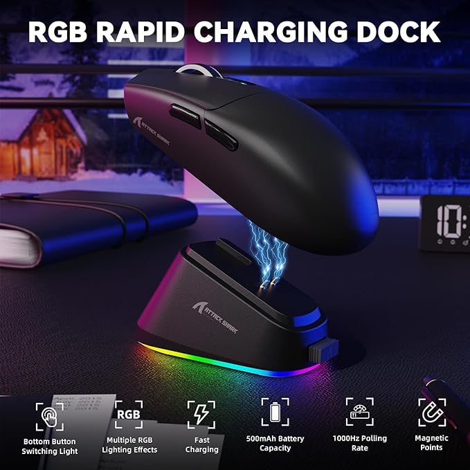 MAMBASNAKE ATTACK SHARK G3PRO Wireless Gaming Mouse,Tri-Mode,Bluetooth/2.4G/USB,59g Ultra Lightweight,25K DPI,100M Clicks Switches,RGB Magnetic Charging Dock,PAW3311 Sensor,BK52820 Chip-Black