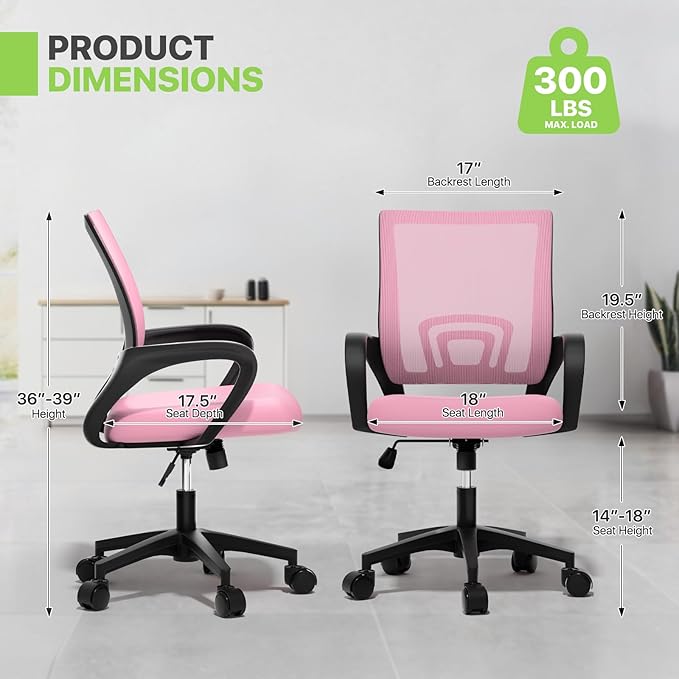 Magshion Office Chair Pack of 2, Ergonomic Mid-Back Mesh Desk Chair, Rolling Computer Chair with Lumbar Support & Comfy Armrests for for Gaming, Work, Study, 300 Lbs Capacity, Pink