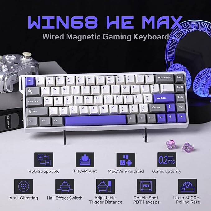 EPOMAKER Aula WIN68 HE Magnetic Keyboard with Adjustable Actuation, Hall Effect Switches, 65% Wired Compact Keyboard, 8000 Hz Polling Rate, Hot-Swappable (Grey&White&Blue)