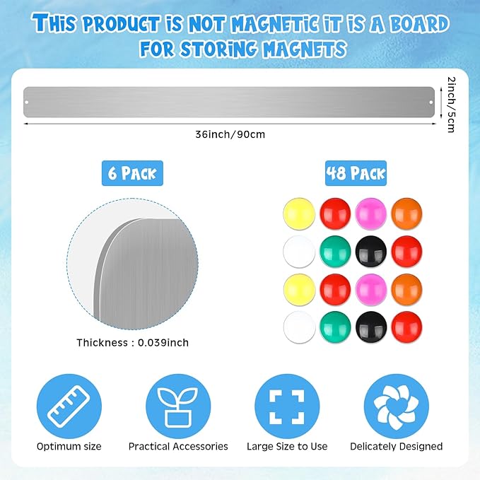 Mooliwe 6 Pieces 36 Inch Frameless Magnetic Stainless Iron Board Strips Bulletin Bar Magnetic Wall Board Memo Strip Set with 48 Pieces Colorful Magnets for School Office Home