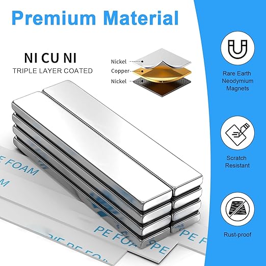 8 Pack Magnets, Caturledas Heavy Duty Strong Rare Earth Neodymium Magnets with Double Sided Adhesive, Rectangular Bar Magnetic Strip for Fridge Kitchen Garage Office Science Craft, 60x10x3 mm, Silver