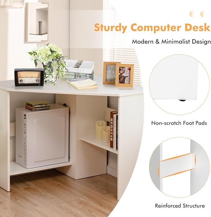 COSTWAY Corner Computer Desk, Space-Saving Triangular Writing Desk w/ 2 Storage Shelves & 2 Cable Holes, Multi-Functional Console Table for Small Space in Home Office, Living Room, Bedroom (White)