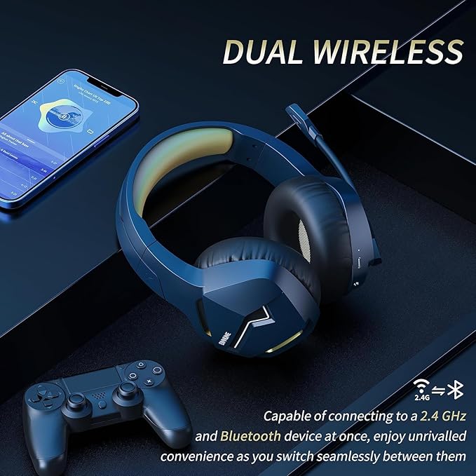 BINNUNE 2.4GHz Wireless Gaming Headset, Bluetooth 5.3 Gaming Headphones with Noise Canceling Mic, 120H Ultra-Long Battery, 50mm Drivers, Multi-Platform for PC / PS5 /PS4/ Switch/Mobile, Gold