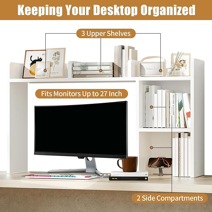 AQQHSAIN Desk Storage Hutch Wood Desktop Book Shelf with 5 Shelves Countertop Desk Hutch for Computer Multipurpose Desk Display Rack Desk Shelf Storage Organizer for Office Dorm Office Home