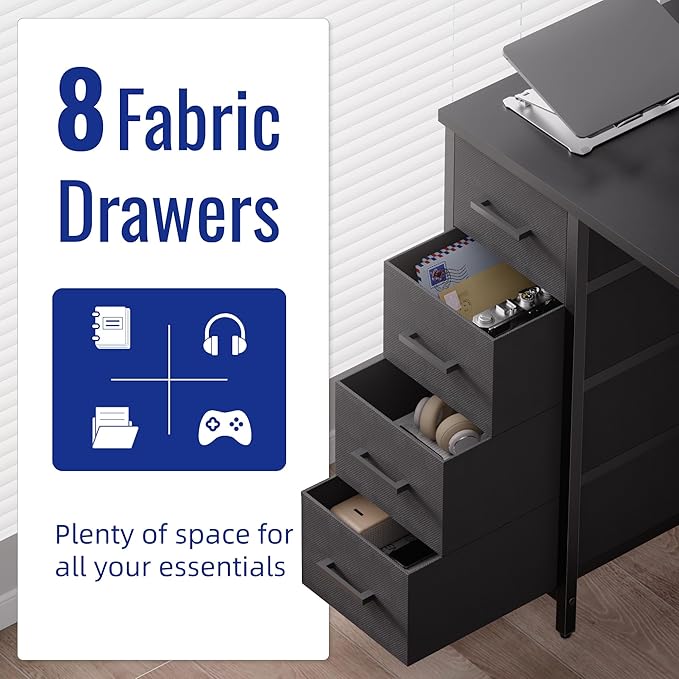 Pamray 47 Inch Computer Desk with 8 Fabric Drawers PC Gaming Desk Home Office Study Work Writing Table for Bedroom Orange