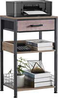Lerliuo Grey Printer Stand with Fabric Drawer, 3 Tier Industrial Side Table, Modern Small Printer Desk Holder with Storage Shelf,Multi-Functional Bedside Tables for Home Office Fax Machine Scanner