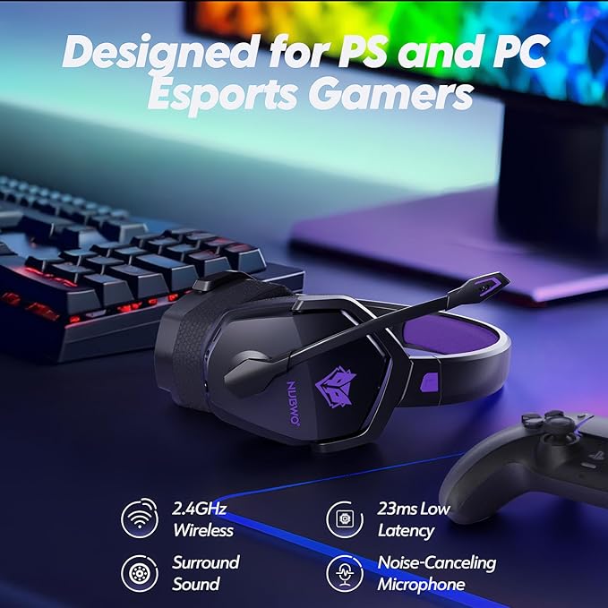 NUBWO Wireless Gaming Headset with Mic for Ps5 Ps4 PC, Zero Interference, 100-Hour Battery All-Day Play, 23ms Sync for Fortnite & Call of Duty/FPS Gamers, Triple Mode All Devices Compatible - Purple