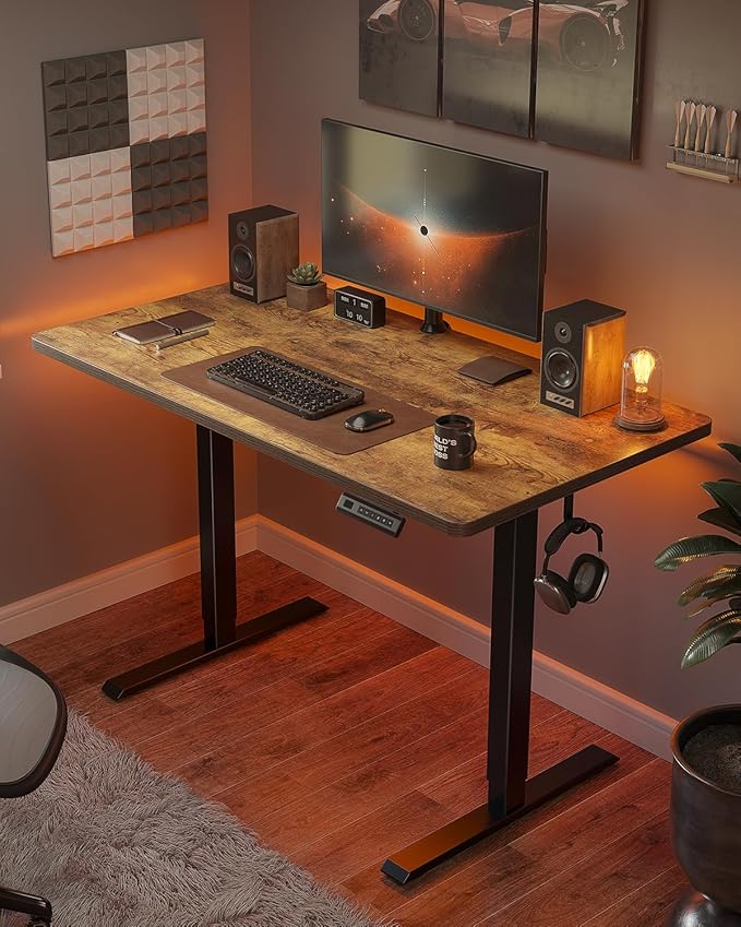 CubiCubi 40 x 24 Small One-Piece Standing Desk, Adjustable Height Electric Computer Sit Stand up Home Office Workstation, with 4 Memory Presets, Headphone Hook, Rustic Brown