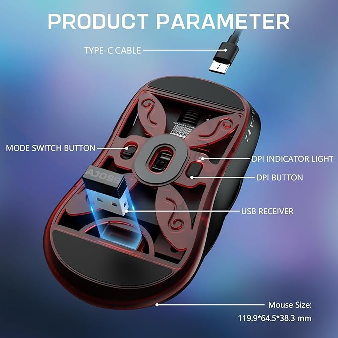 FELICON x AJAZZ AJ099 Wireless Gaming Mouse, 59g Lightweight Pixart Sensor PAW3311, 6 DPI up to 12K, 2.4G/USB-C Wired 200Hrs Battery Programmble Computer Mice for WIn/Mac/PS4/XBOX/Gamer/Office(Black)