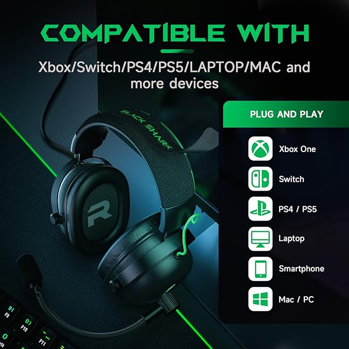 Black Shark Gaming Headset with Noise Canceling Cardioid Mic, Over-Ear Headphones for PC, PS4, PS5, Xbox, Switch, 50mm Dynamic Drivers & LED Light