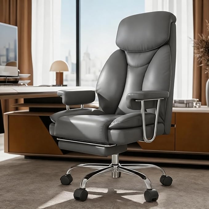 Big and Tall Office Chair, Executive Home Office Desk Chair, Comfy Leather High-Back Reclining Computer Chair with Retractable Footrest and Padded Arms, 360°Swivel Rolling Wheels, Wide Seat, Gray