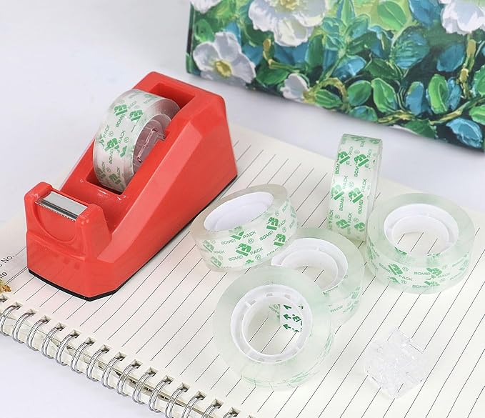 BOMEI PACK Tape Dispensers Desk, 1 Pack Red with 6Rolls Transparent Tape Refills, 1 Inch Core, for Gift Wrapping, School, Office and Home