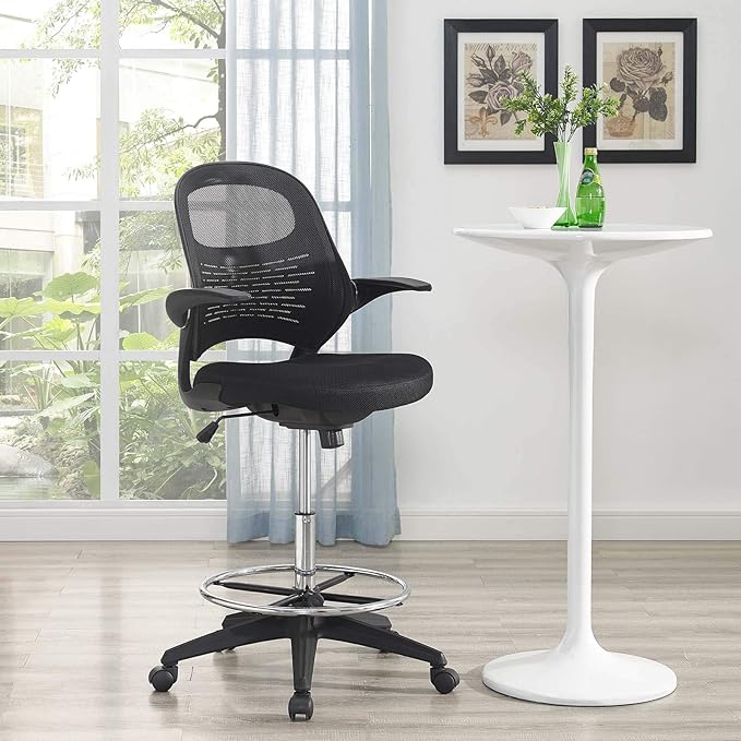 Modway Advance Drafting Stool - Reception Desk Chair - Drafting Table Chair - Flip-Up Arms in Black