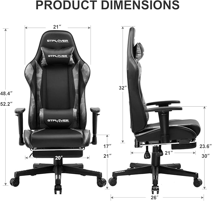 GTPLAYER Gaming Chair with Footrest, Ergonomic Computer Game Desk Chair, Reclining Gaming Chair Seat Height Adjustment, Swivel Rocker with Headrest and Lumbar (Camouflage)