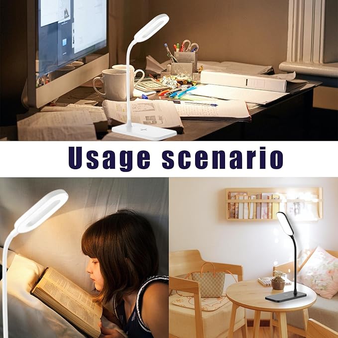 LED Soft Touch Desk Lamp - 3 Brightness Settings with Energy Efficient Natural Daylight LEDs - Adjustable Flexible Neck & Touch Controls (White with adapters ×2)
