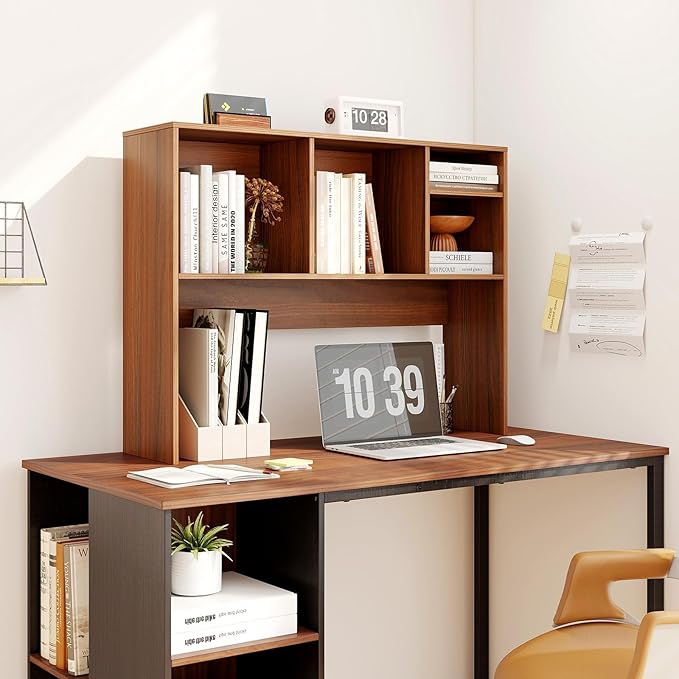 ReunionG Desk Hutch 2-Tier, Wood Hutch Top Only w/4 Shelves for Computer Monitor, Laptop, Dressing Table, Desk Organizer Display Rack Desktop Bookshelf for Home, Office, Dorm (Walnut)