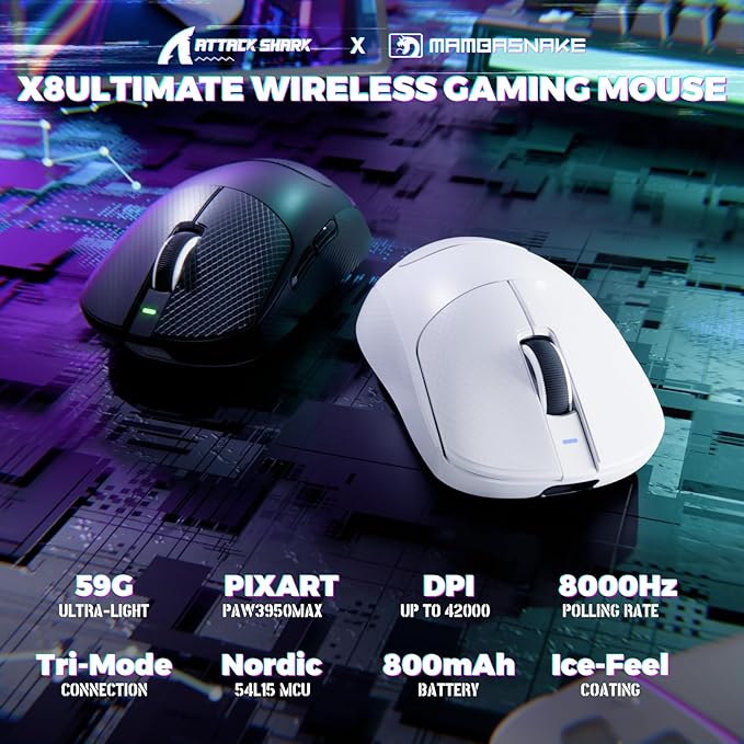 ATTACK SHARK X8 ULTIMATE Wireless Gaming Mouse,55g Ultra-Lightweight BT/2.4GHz Wireless/Wired Mouse,8K Polling Rate,PixArt PAW3950MAX Sensor,42000 DPI,Tape,800mAh Battery,Gamer Mice for Win/Mac(White)
