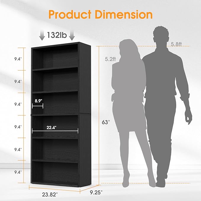 Sweetcrispy Industrial 6 Shelf Bookcase - Large 63 Inch Tall Floor Standing Open Bookshelf for Home Office, Living Room, and Bedroom Storage, Classic Black