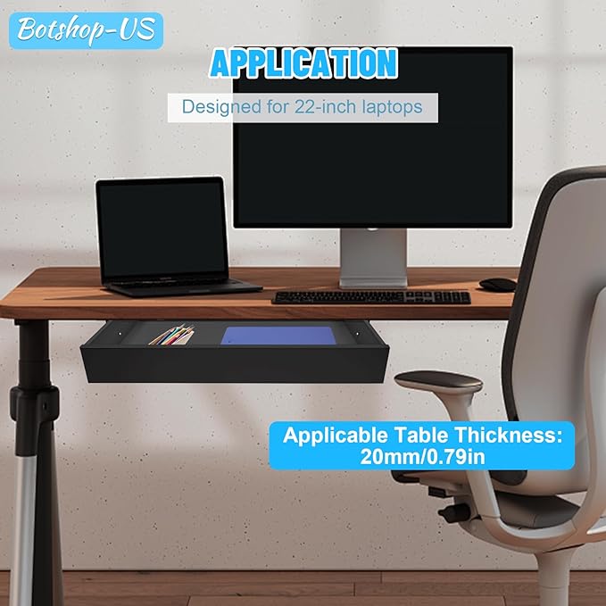 22" Under Desk Drawer Slide Out Under Mounted Sliding Storage Drawer Standing Desk Pull Out Drawers Office Organizer Pencil Drawer, Black
