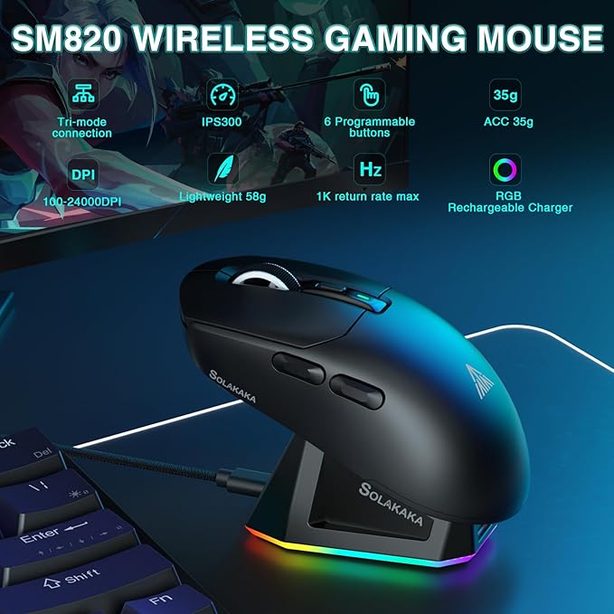 SOLAKAKA SM820 Wireless Gaming Mouse with RGB Charging Dock,24000 DPI Tri-Modes Wireless Mouse with 2 Side Buttons,Programmable Macro Mouse for Gaming(Black)