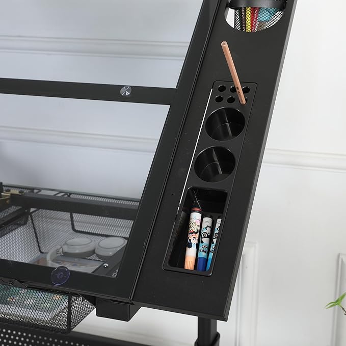 Miscoos Hand Crank Adjustable Drafting Table Drawing Desk with 2 Metal Drawers and Stool, Black, Tempered Glass, Sheet Metal
