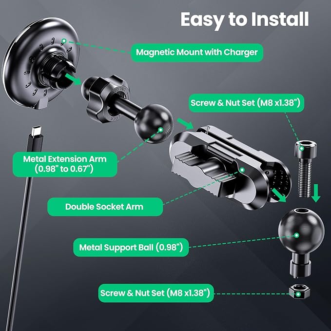 Kaishengyuan Dash Mount Wireless Charger Magnetic Holder with Metal Double Socket Arm & 360° Rotating Extension Mounting Arm & 0.98” Ballhead Compatible with All Smartphones