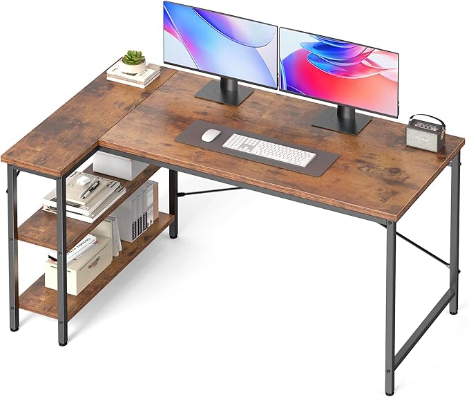 DUMOS 40 Inch L Shaped Desk Corner Computer Gaming Desks Home Office PC Table for Writing Working Study Bedroom with Reversible Storage Shelves, Rustic Brown