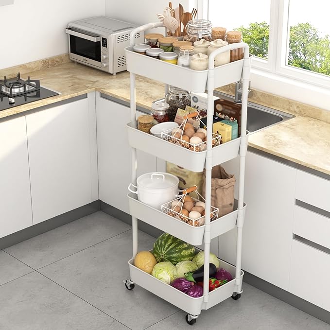 Sywhitta 4-Tier Plastic Rolling Utility Cart with Handle, Multi-Functional Storage Trolley for Office, Living Room, Kitchen, Movable Storage Organizer with Wheels, White