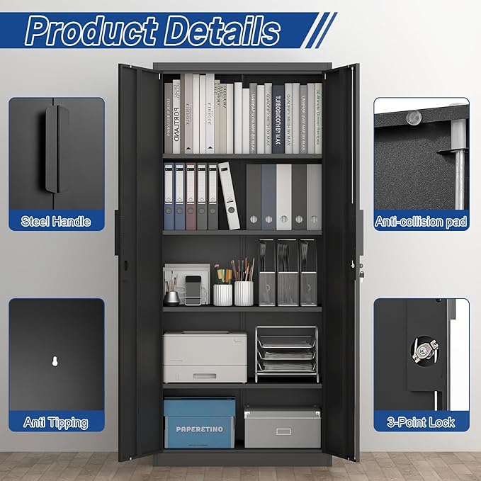 71" H Metal Garage Storage Cabinets with Lock, Black Metal Storage Cabinet with Doors and Shelves, Tall Locking Cabinets for Garage, Kitchen, Office