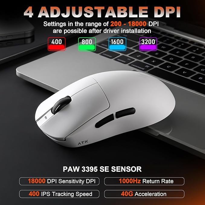 A9 Gaming Mouse, 18000 DPI, PAW3395 SE Sensor,53G Lightweight, Tri-Mode 2.4G/BT5.0/USB-C Wireless/Wired Mouse, Programmable Mouse, Office Mice for PC/Xbox/Win/Mac (White)