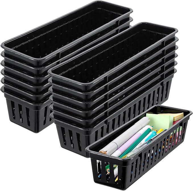 12 Pack Slim Plastic Storage Baskets Tray for Organizing, 10.24 x 3.15 x 2.36 Small Narrow Storage Bins Stackable Drawer Pencil Trays Holder for Desk Garage Cabinet Containers (Black)
