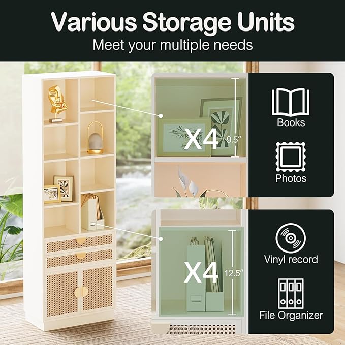 ModernMate Home Office Furniture Sets, 63" L Shaped Standing Desk with Drawers, Height Adjustable Electric Executive Office Desk with 73" Bookshelf and Power Outlet, White Rattan