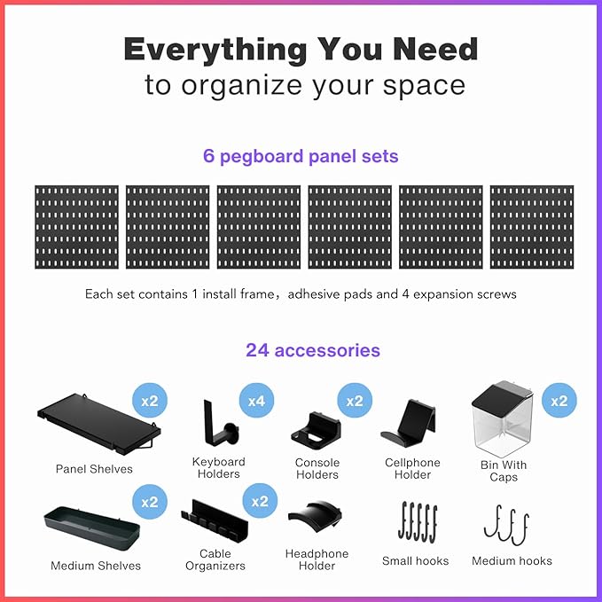 Keepo Peg Board Wall Organizer for Gaming Setup, Pegboard with Adhesives & Screw Mounts, Includes Peg Board Accessories for Gaming Accessories, Tech Storage & Office Organization (Black, 33″×22″)