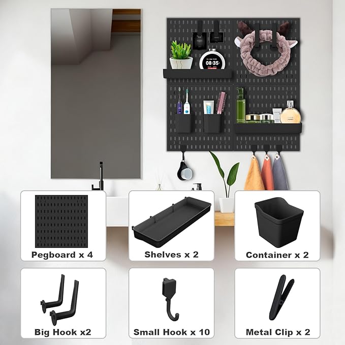 Wall Organizer Pegboard Kit, Wall Control Peg Board with 18 Pcs Accessories, 4 Pack Plastic Wall Mount Display Storage Panels for Kitchen Bathroom Craft Room Office Organization, 23.6 Inches (Black)