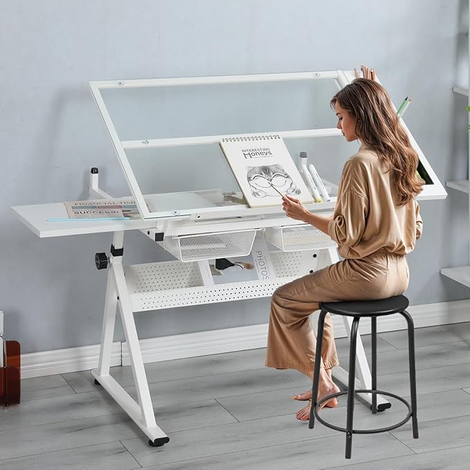 Drafting Table for Artists, Height Adjustable Glass Drawing Table with Stool, Ergonomic Art Table with 0-75° Tilting Tabletop and More Storage for Home Office, Type 1-White