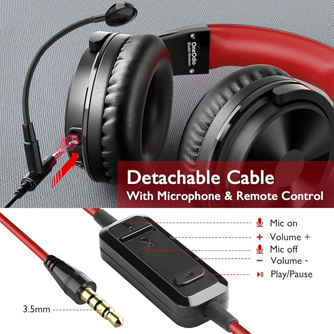 OneOdio Bluetooth Over Ear Headphones with 110Hrs Playtime Wired Gaming Stereo Headsets with Boom Mic for PS4, Xbox one, PC, Wireless Headset for Phones, Laptop, Office - Studio Wireless(Y80B) (Red)