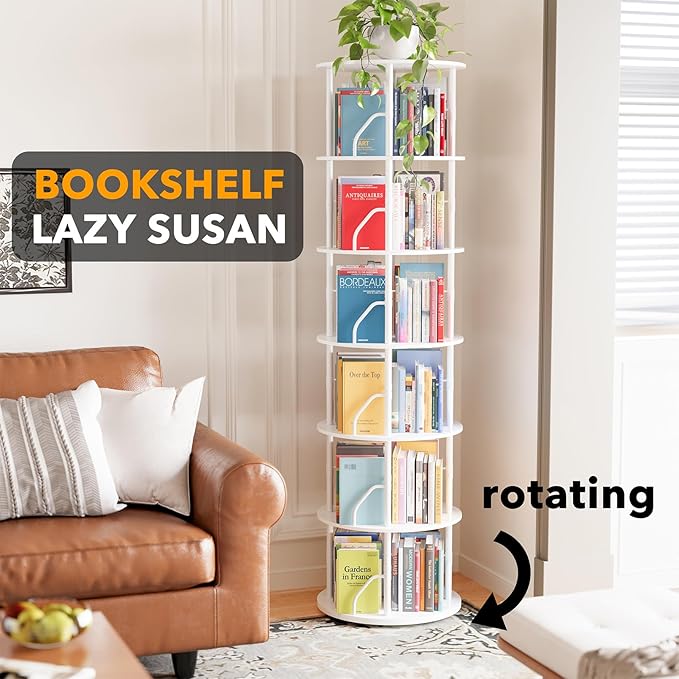 SpaceAid 6 Tier Rotating Bookshelf Tower, 360 Display Stackable Spinning Bookcase, Space Saving Revolving Round Book Shelf, Floor Standing Swivel Corner Organizer, White