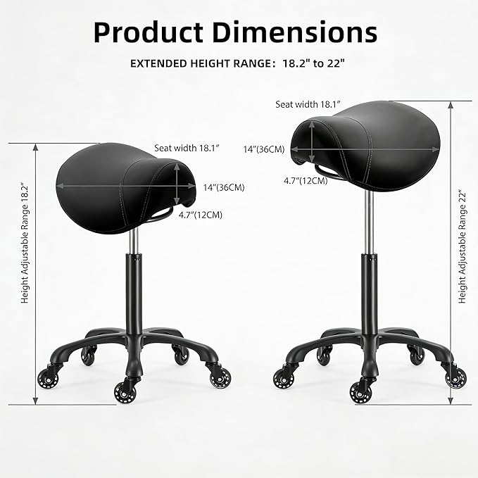 Saddle Salon Stool with Wheels,Heavy Duty Adjustable Rolling Drafting Chair for Barber, Tattoo, Nail,Spa,Dentist(Black)