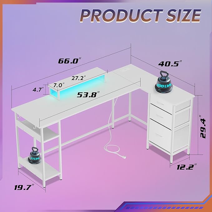 DEVAISE L Shaped Gaming Desk with Drawers and Storage, L Shaped Desk with LED Lights, Power Outlets, PC Desk with Monitor Stand, Corner Desk for Home Office (White,66 Inch)