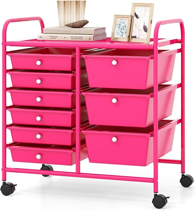 Moccha 9-Drawer Rolling Storage Cart - Under Desk Storage Drawers with wheels for Craft Art Supply Paper Salon, Scrapbook Paper Tools, Mobile Utility Cart for Classroom, Hot Pink