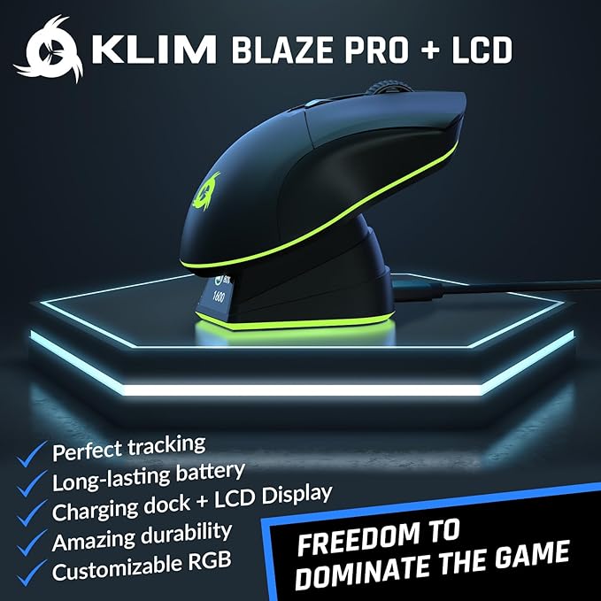 KLIM Blaze Pro Rechargeable Wireless Gaming Mouse with Charging Dock RGB & LCD Display - New Version - High-Precision Sensor and Long-Lasting Battery - Up to 6000 DPI - Great PC Gaming Mouse Wireless
