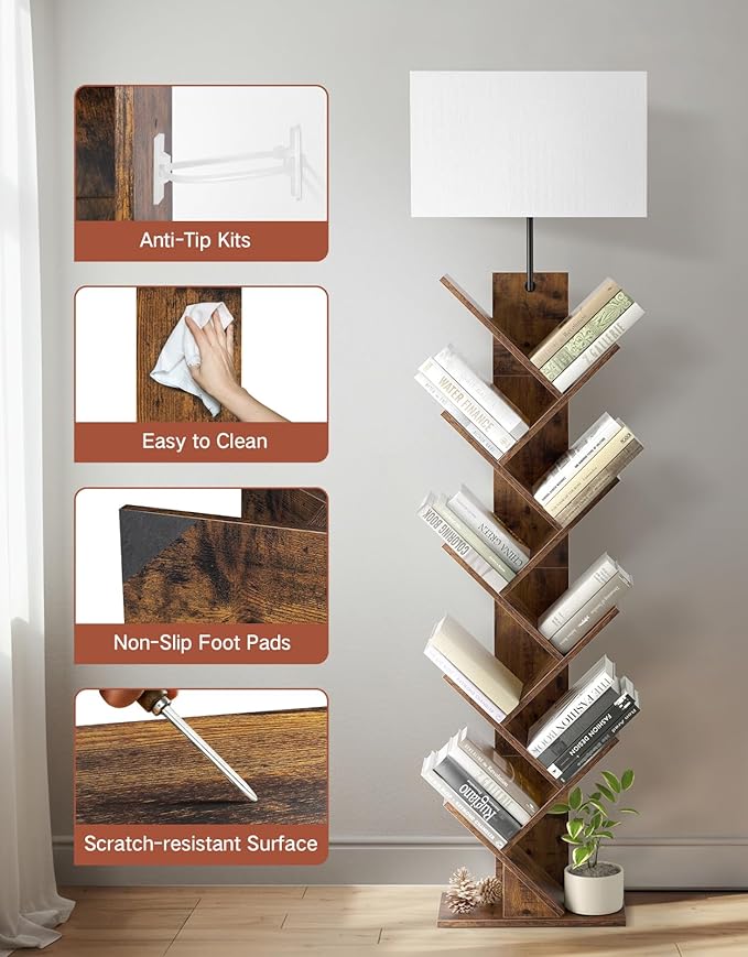 9 Tier Tree Bookshelf with Light, Remote & Timer, Modern Tall Floor Standing Book Shelf, Narrow Wood Bookcase, Small Book Organizer Shelves for Living Room, Bedroom, Office