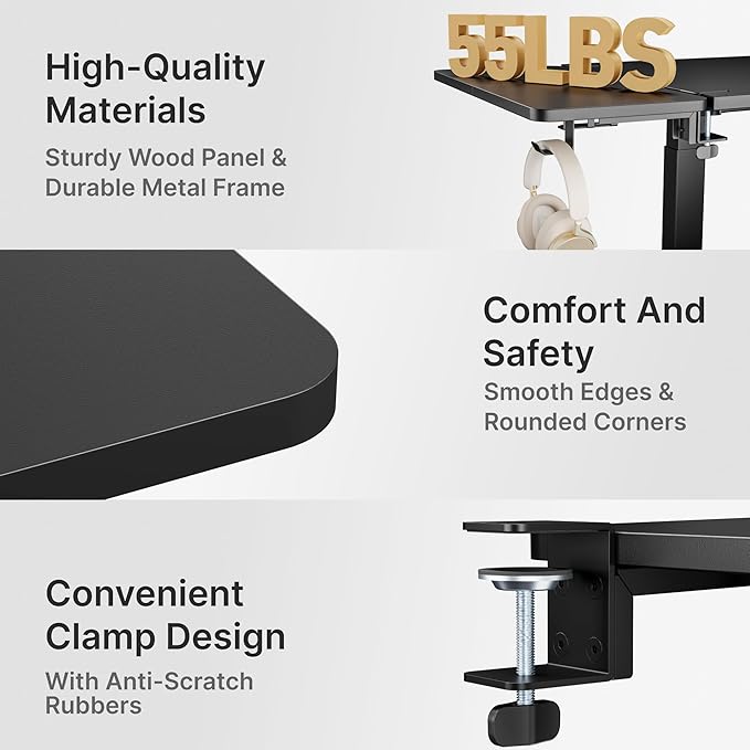 PEGZONE Desk Extender Tray, 24" x 12" Clamp On Desk Shelf, Desk Extension with Laptop Holder, Table Desk Arm Rest, Clamp On Keyboard Tray for Office and Home, Workstation Organizer, Medium, Black