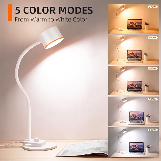 LiFMIRA LED Desk Lamp, 1200LM for Home Office, Fully Dimmable Bedside Reading Lamp with USB C + A Charging Ports, 5 Colors, 12W Gooseneck Lamp, Metal Small Table Lamps for Bedroom Living Room White